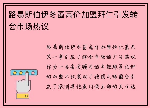 路易斯伯伊冬窗高价加盟拜仁引发转会市场热议
