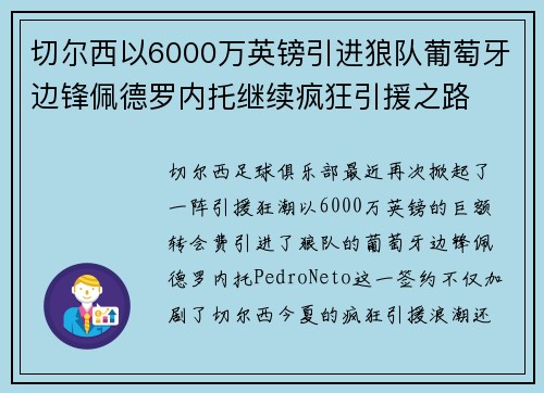 切尔西以6000万英镑引进狼队葡萄牙边锋佩德罗内托继续疯狂引援之路