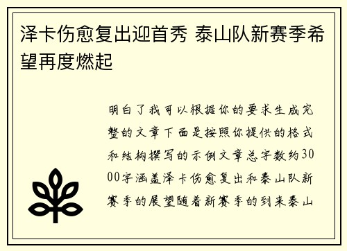 泽卡伤愈复出迎首秀 泰山队新赛季希望再度燃起 泽卡伤愈复出迎首秀 泰山队新赛季希望再度燃起