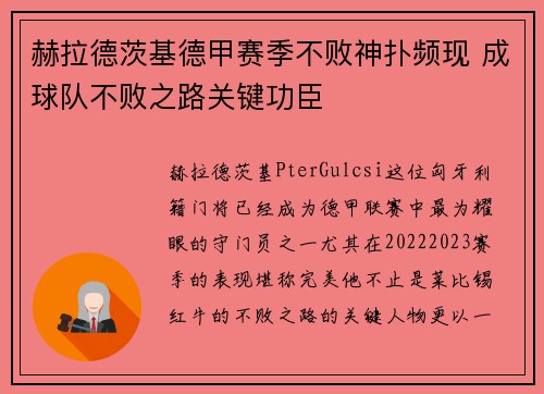 赫拉德茨基德甲赛季不败神扑频现 成球队不败之路关键功臣 赫拉德茨基德甲赛季不败神扑频现 成球队不败之路关键功臣